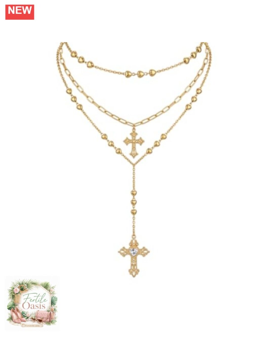 Layered Gold Tone Cross Pendant Necklace Set with Colorful Stones for Women